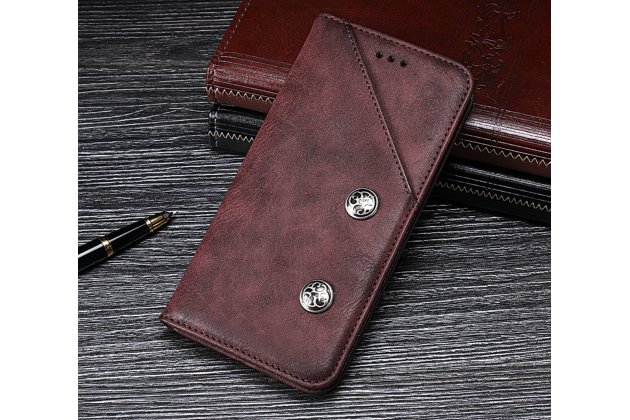 Фирменный чехол-книжка футляр для iPhone X (2018) креативный ретро крафтовый азиатский стиль ручной работы c декоративными пуговицами цвет красное вино