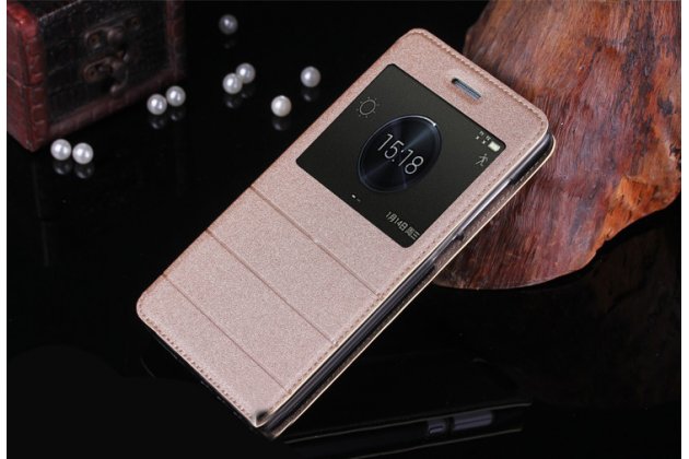 Фирменный чехол-книжка для ASUS ZenFone 3 Ultra ZU680KL 6.8 золотой с окошком для входящих вызовов  водоотталкивающий