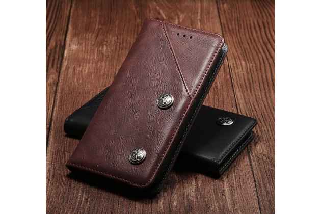 Фирменный чехол-книжка футляр для iPhone X (2018) креативный ретро крафтовый азиатский стиль ручной работы c декоративными пуговицами цвет красное вино