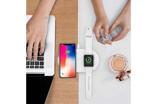 Фирменное оригинальное беспроводное зарядное устройство для Умных смарт-часов Apple Watch и телефонов смартфонов Apple Watch   iPhone X / X Plus / XS / 8 / iPhone SE 2 (2020) + гарантия