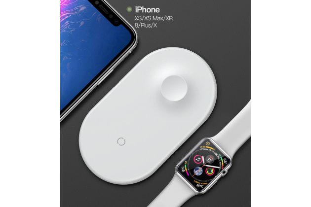 Фирменное оригинальное беспроводное зарядное устройство для Умных смарт-часов Apple Watch и телефонов смартфонов Apple Watch   iPhone X / X Plus / XS / 8 / iPhone SE 2 (2020) + гарантия